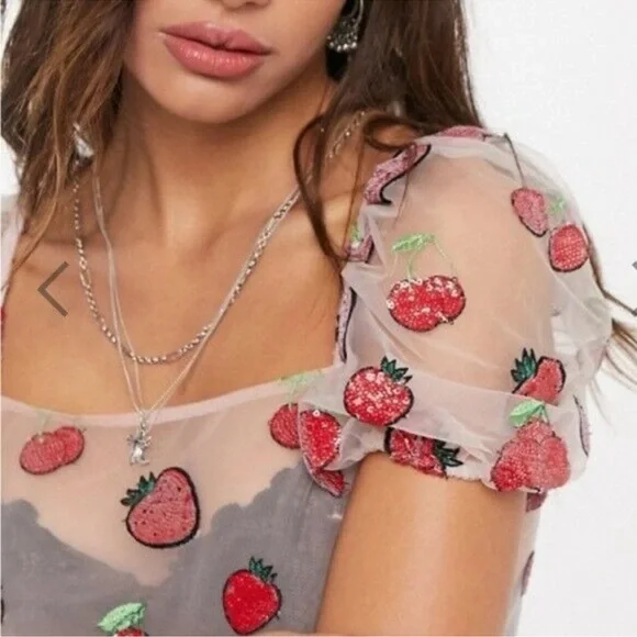 TOPSHOP Womens Size 10 Strawberry Cherry Sequin Tie Back Top Pink Sheer - Picture 2 of 4